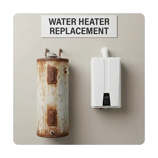 Old rusty water heater tank next to a new white tankless unit